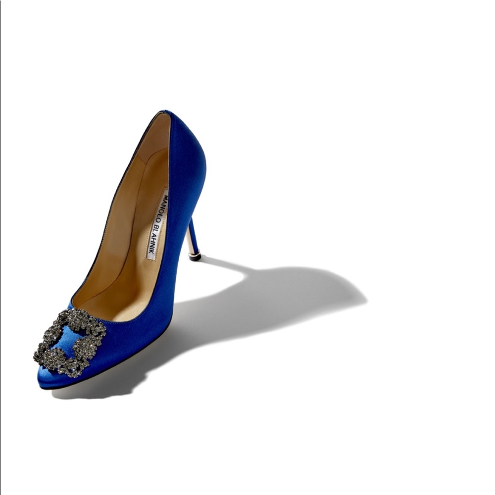 Manolo Blahnik Blue Satin Jewel Buckle Heels 10cm